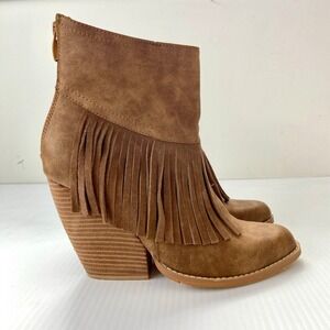 Very Volatile Khloe Fringe Wedge Heel Ankle Booties Boots Tan Brown Womens 8.5